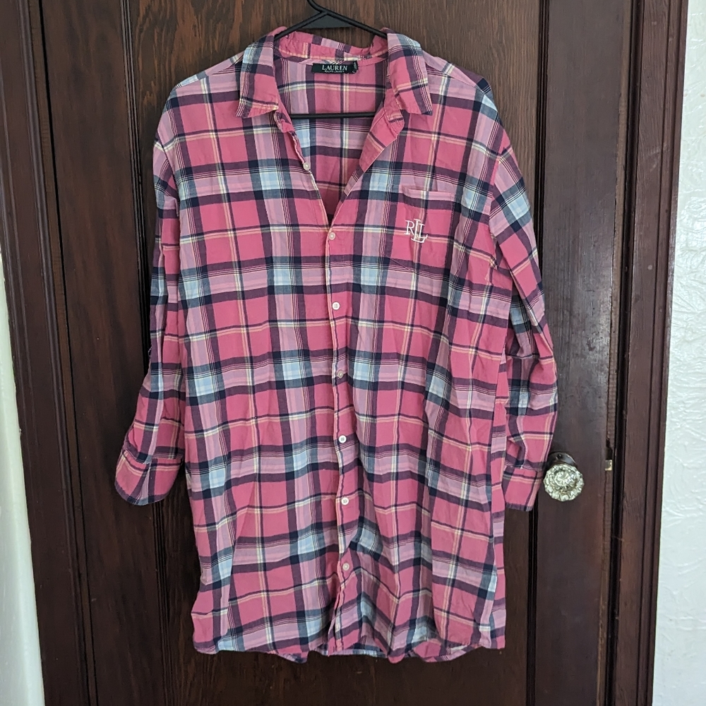 Lauren Ralph Lauren Pink Plaid Long Sleeve Roll Tab Button Down Shirt Size Large